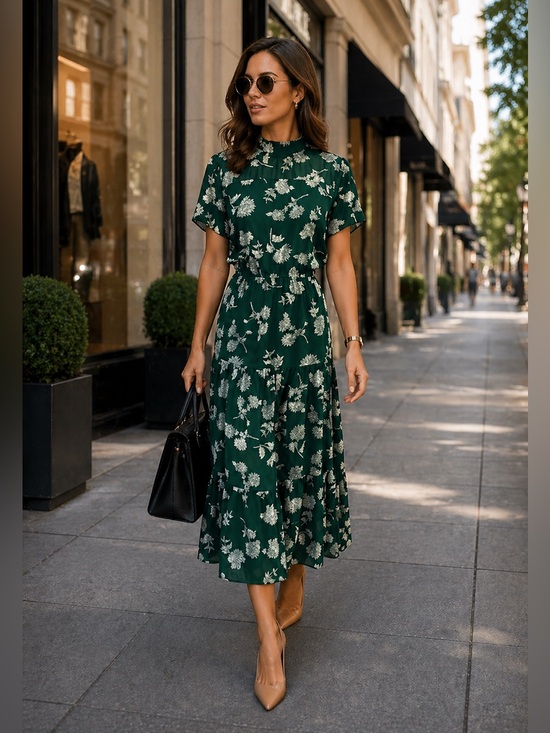 Lulus Dresses & Skirts - LULUS Women's Forest Green Ivory Floral Short Sleeve Tiered Midi Dress L